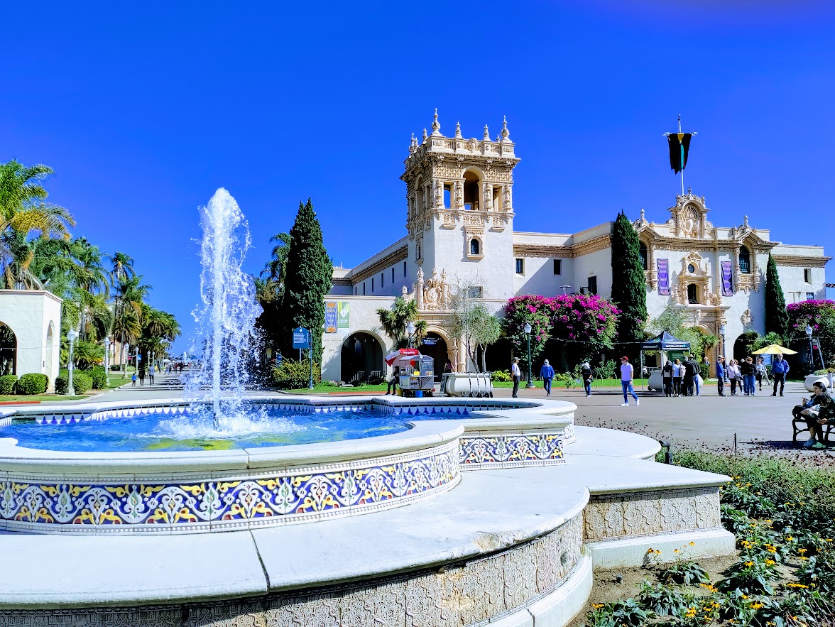 Balboa Park central fountain and surrounding heritage gardens